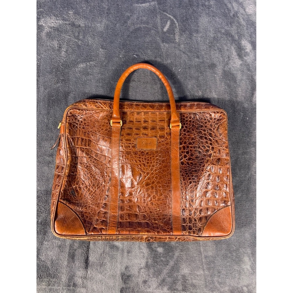 Giudi Italy Brown Crocodile Embossed Leather Briefcase Laptop Bag Large